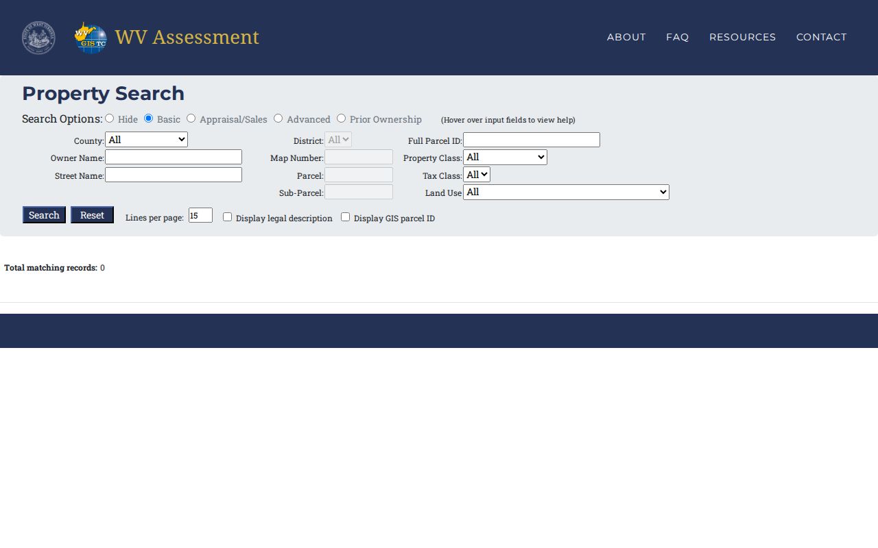 Webster County property records search fields in the WV assessment system