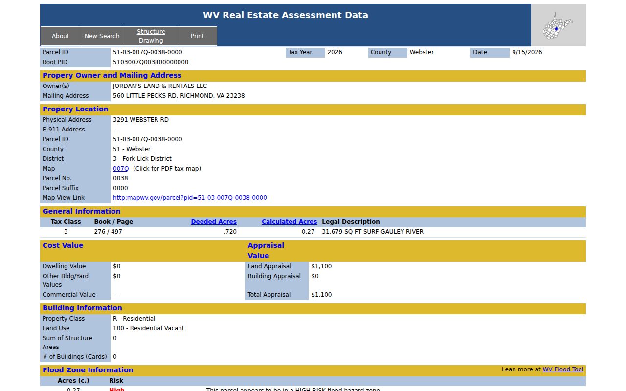 Webster County property owner and parcel details in the assessor record